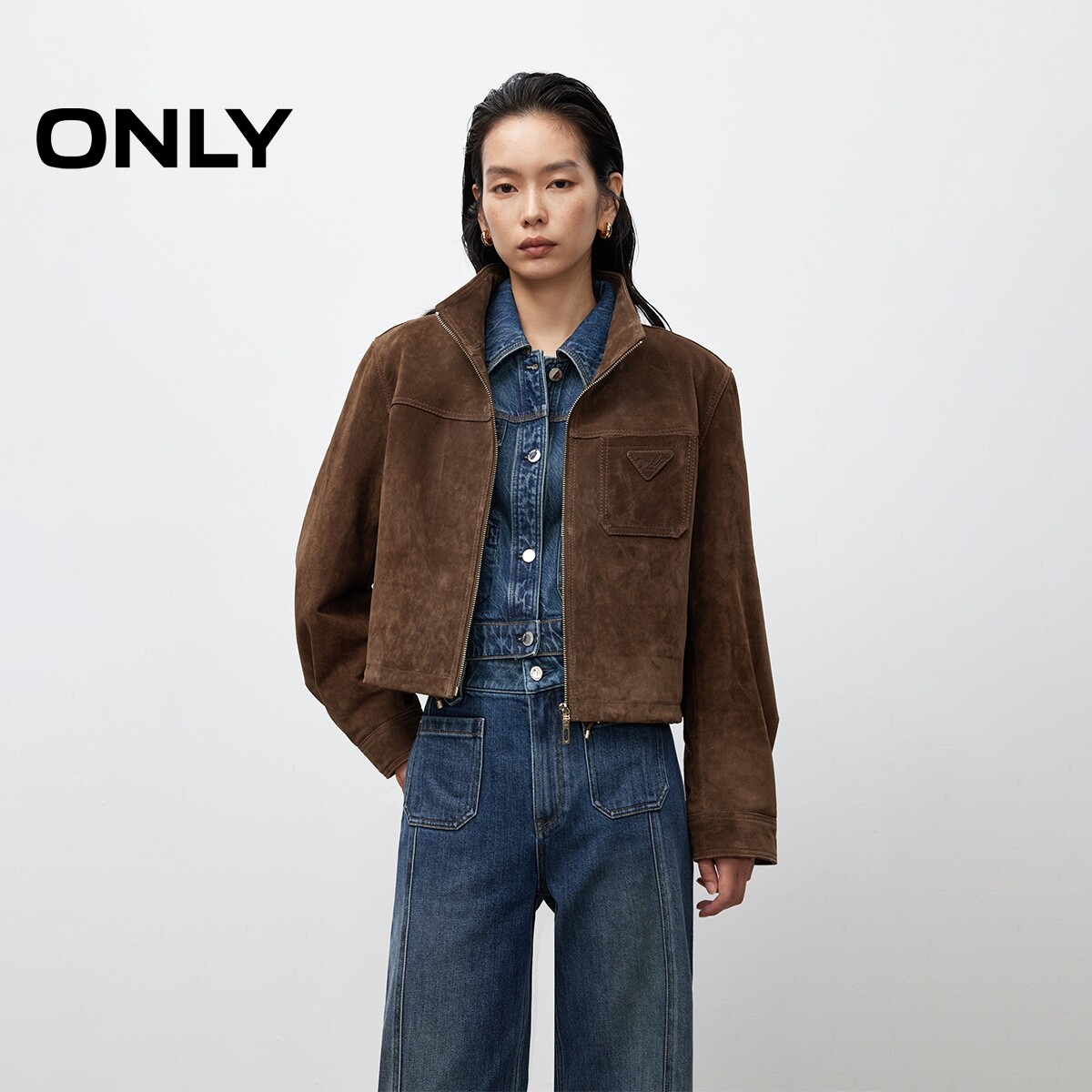 ONLY立领纯色短款真皮皮衣外套女