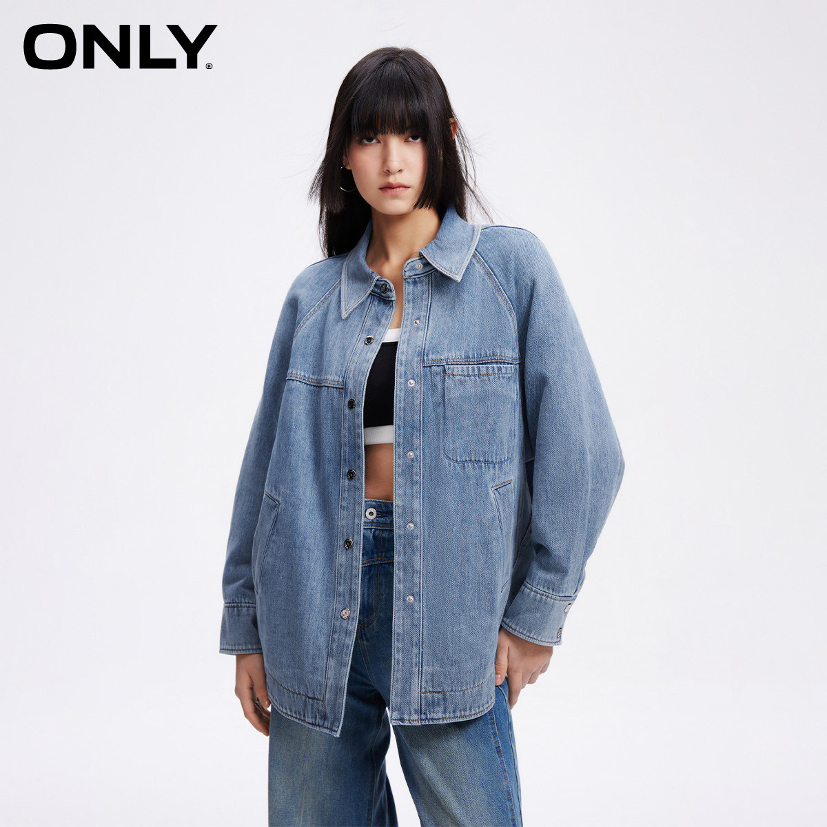 【ONLY奥莱】春夏新款休闲百搭翻领宽松保暖加棉牛仔外套女