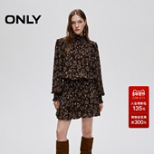 ONLY2025秋冬新款 复古印花泡泡袖 荷叶边收腰高领褶皱短裙连衣裙女