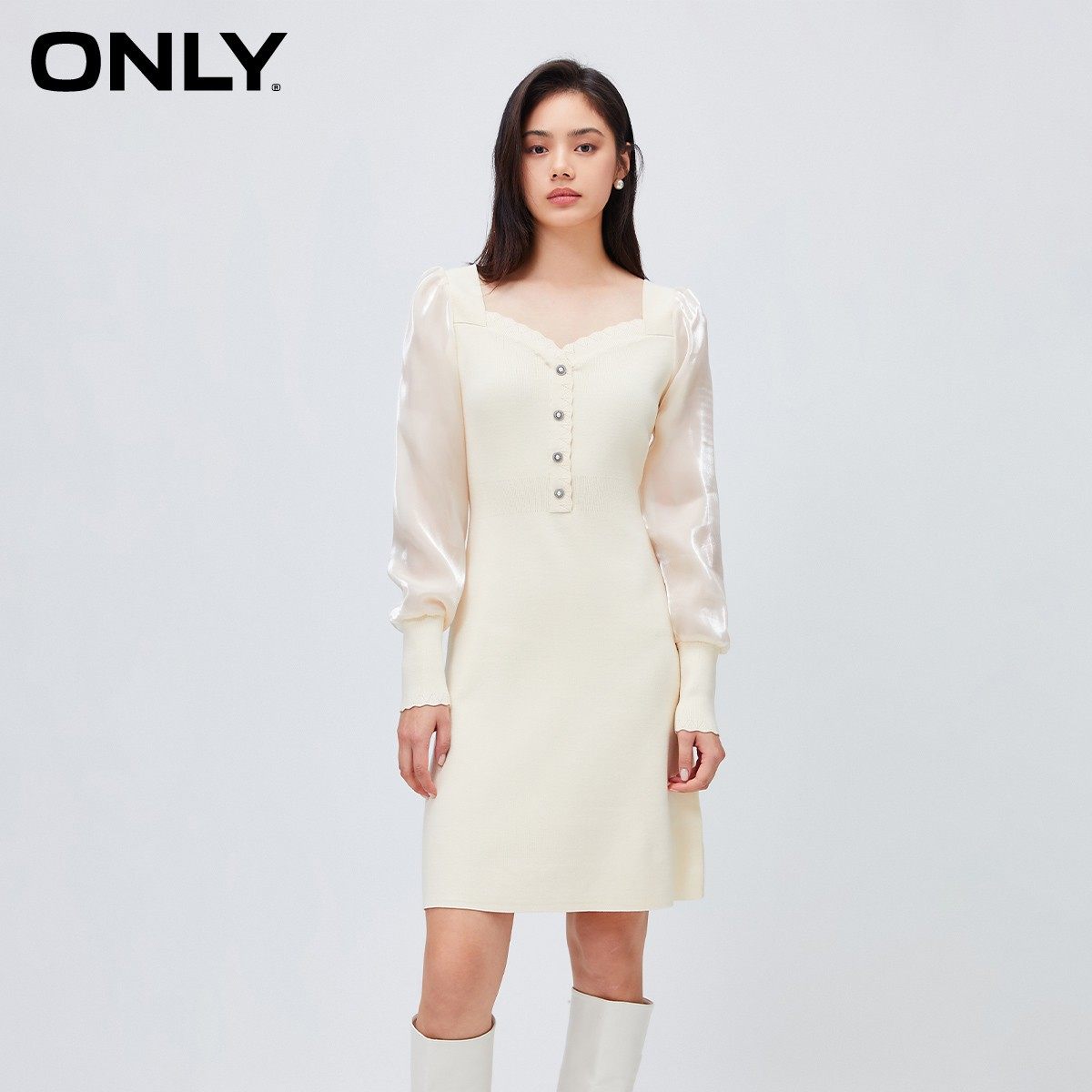 ONLY泡泡袖A字短款针织连衣裙图片