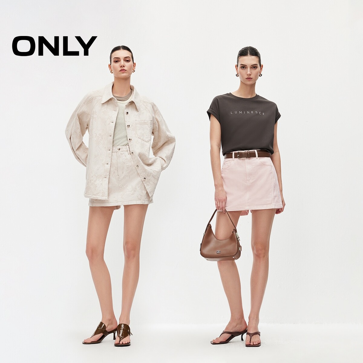 ONLY2026春季新款甜美暗纹立体印花肌理感高腰A字牛仔裙裤短裤女