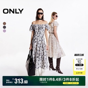 一字领中长款 ONLY2025夏季 荷叶边袖 新款 连衣裙女 花卉印花甜美法式