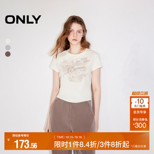 正肩印花圆领短款 ONLY奥莱2025夏季 复古修身 美式 T恤女 新款