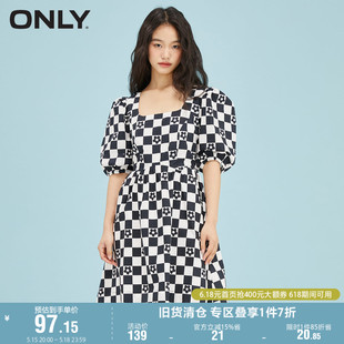 收腰连衣裙女 泡泡袖 花朵棋盘格短款 ONLY奥莱夏季