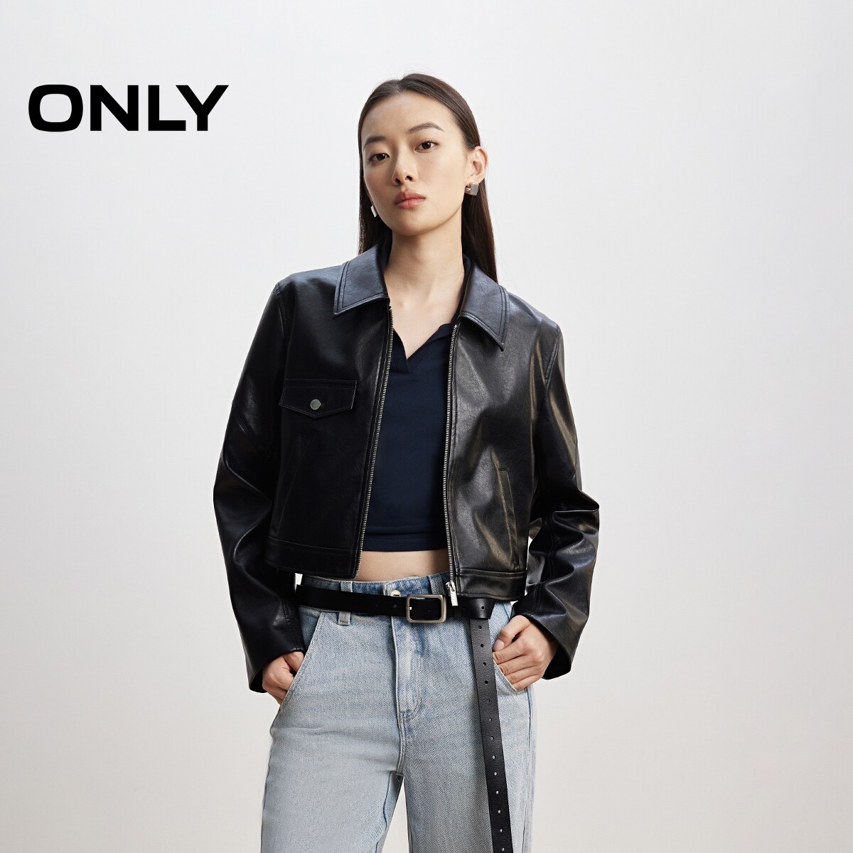 ONLY正肩短款小个子PU夹克外套图片