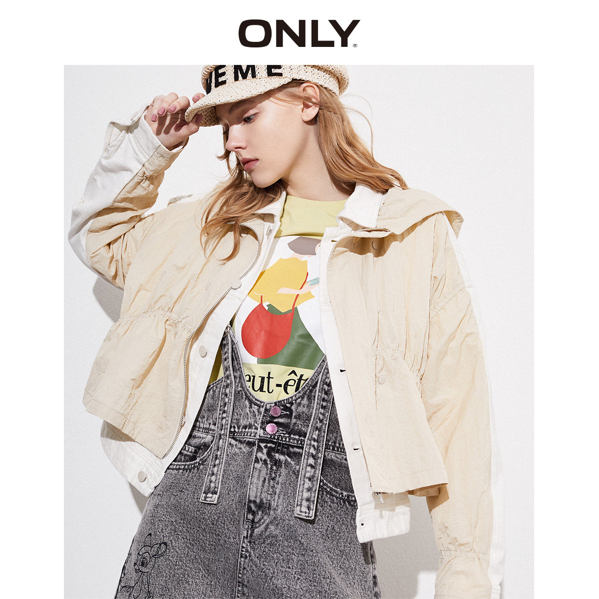ONLY奥莱秋季新款连帽收腰短款拼接宽松牛仔外套女|120154515