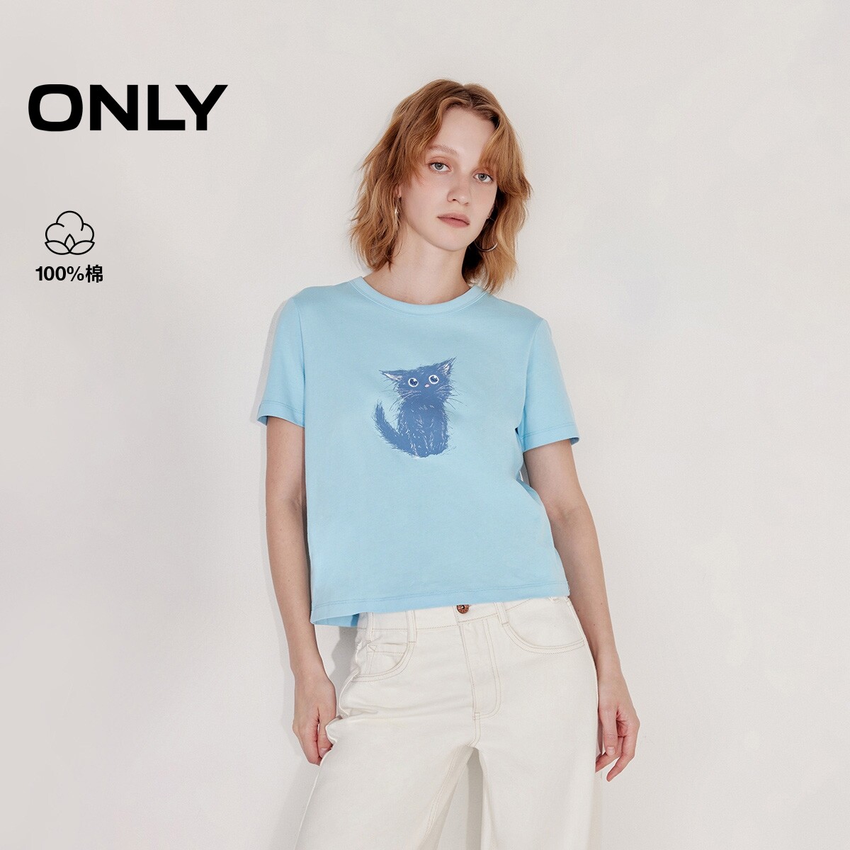【ONLY奥莱】春款纯棉透气舒适休闲可爱印花圆领短袖正肩T恤女