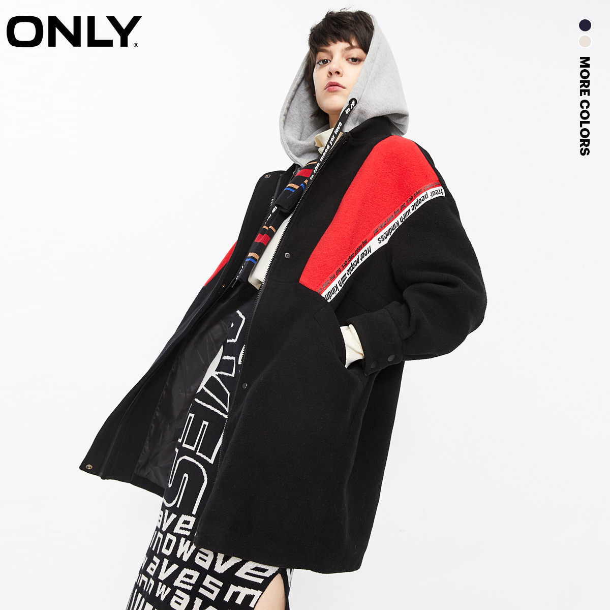 ONLY奥莱清仓秋季新款加厚连帽中长款棒球服毛呢外套女|11936T518