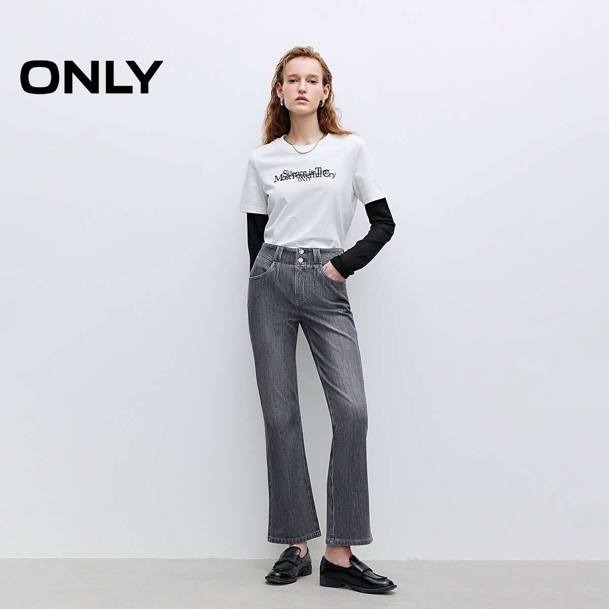 ONLY高腰修身喇叭裤九分裤牛仔裤