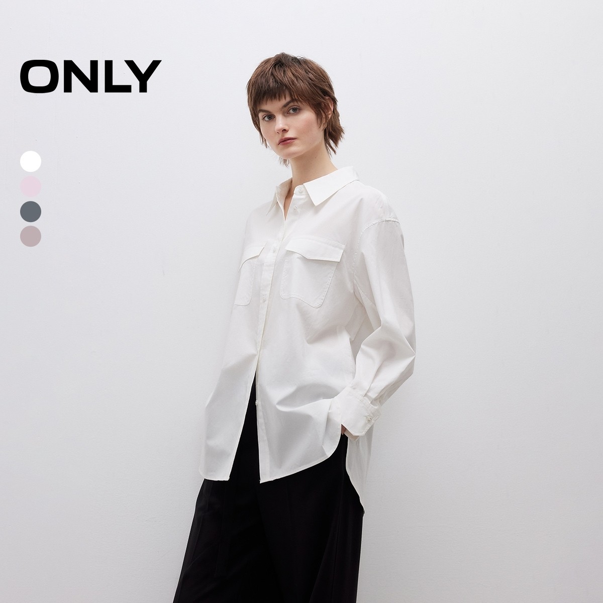 【ONLY奥莱】春夏新款舒适宽松微落肩背后开衩简约工装长袖衬衫女
