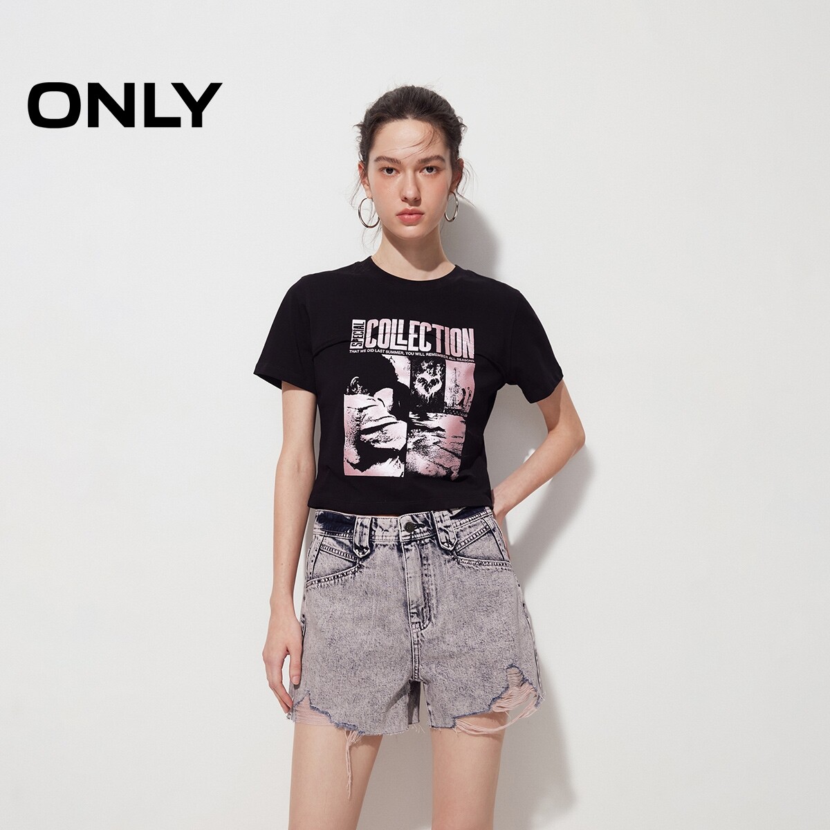 【ONLY奥莱】夏季新款复古做旧水洗毛边高腰短裤牛仔裤女