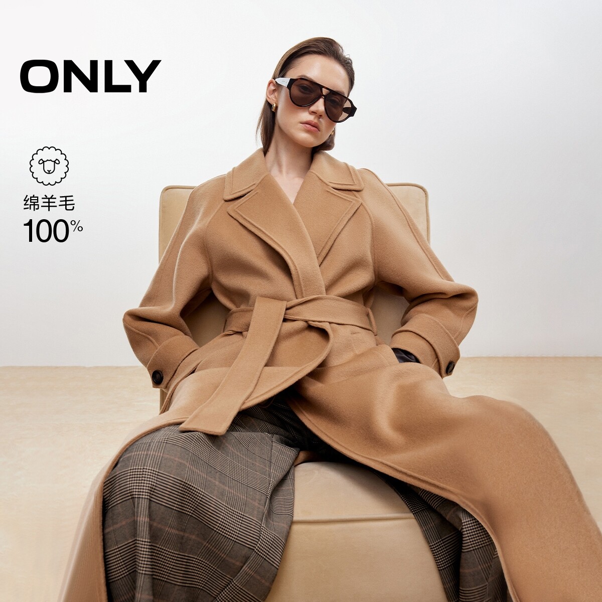 【100%绵羊毛】ONLY奥莱春季新款双面呢翻领直筒长款毛呢大衣