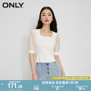 雪纺 针织拼接泡泡袖 方领短款 ONLY奥莱时尚