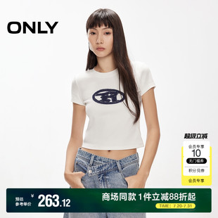 圓領(lǐng)短款 ONLY2025夏季 新款 舒適字母條紋圖案修身 正肩T恤女 短袖