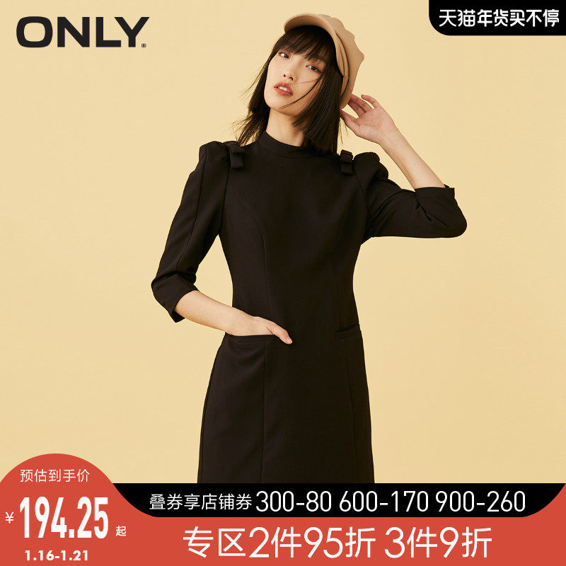 ONLY2021冬季新款黑色收腰显瘦蝴蝶结半高领连衣裙女