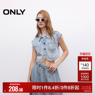 皮牌装 饰复古修身 翻领短款 ONLY2025秋季 牛仔衬衫 个性 无袖 女 新款