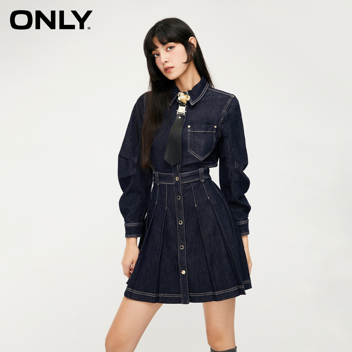 ONLY百搭翻领A字牛仔短裙连衣裙