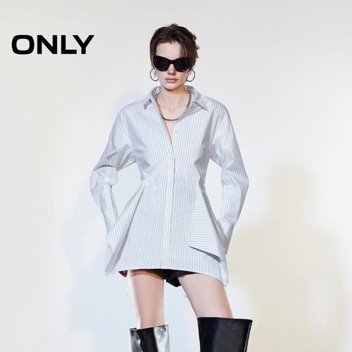 ONLY正肩收腰翻领细条纹衬衫