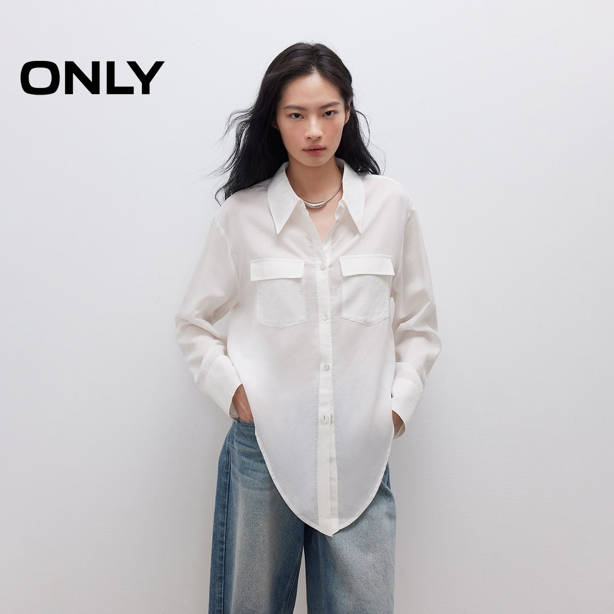 【ONLY奥莱】春夏纯色翻领轻薄透气宽松长袖显瘦打结下摆衬衫女