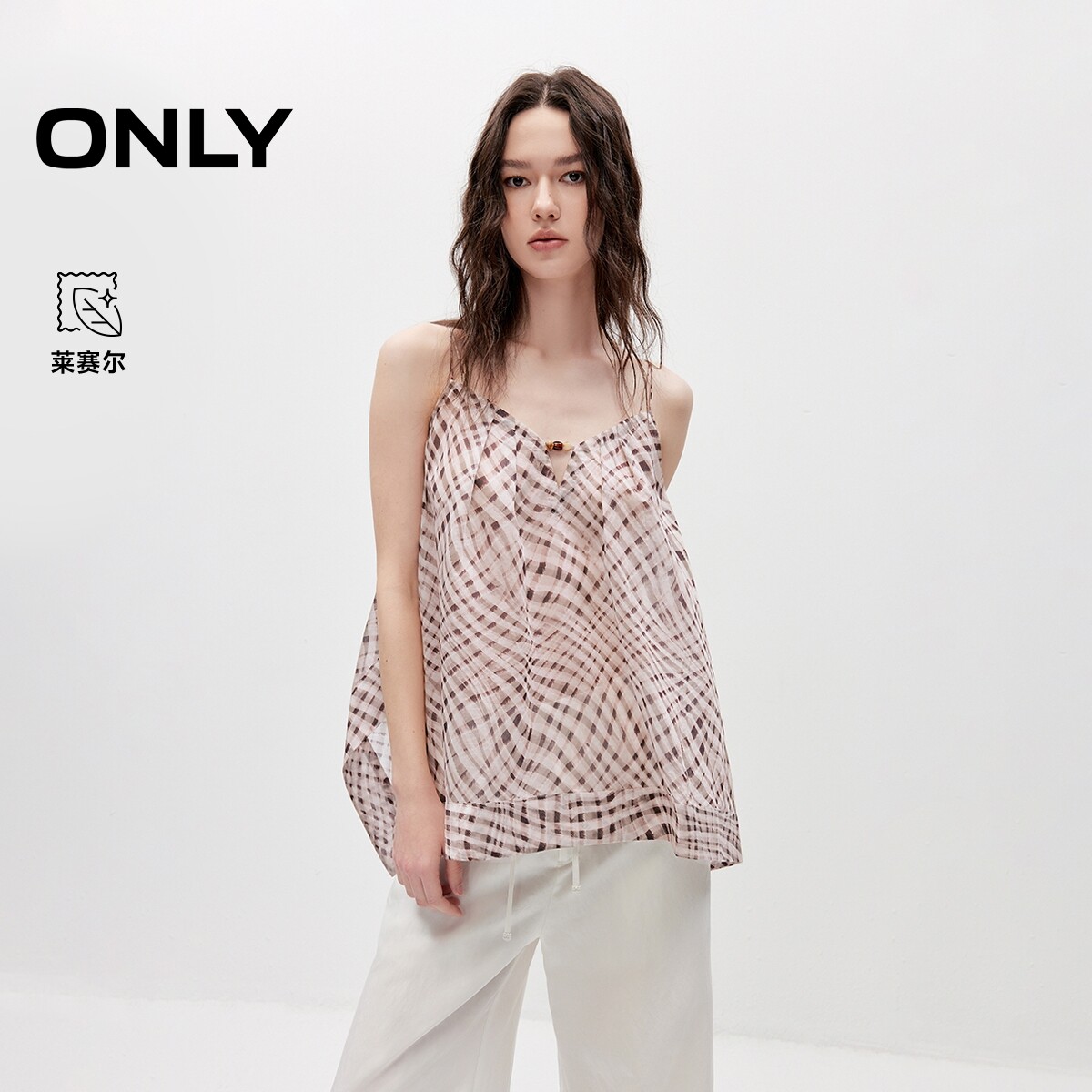 ONLY甜美吊带格纹印花薄款雪纺衫