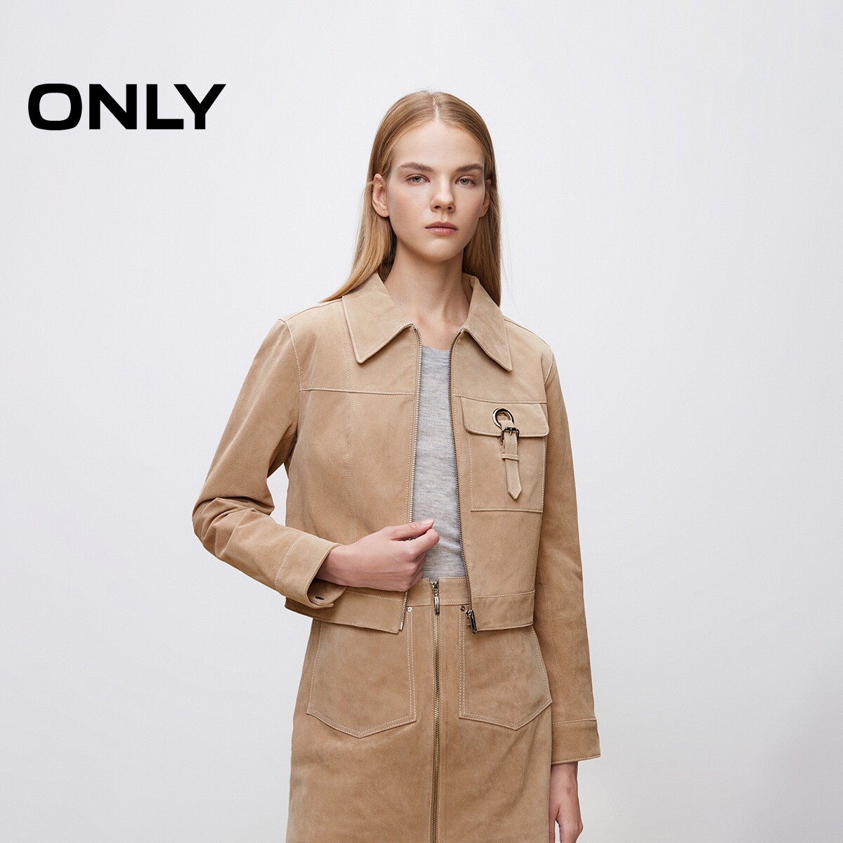 【ONLY奥莱】秋冬新款复古时尚精致口袋撞色短款皮衣外套女