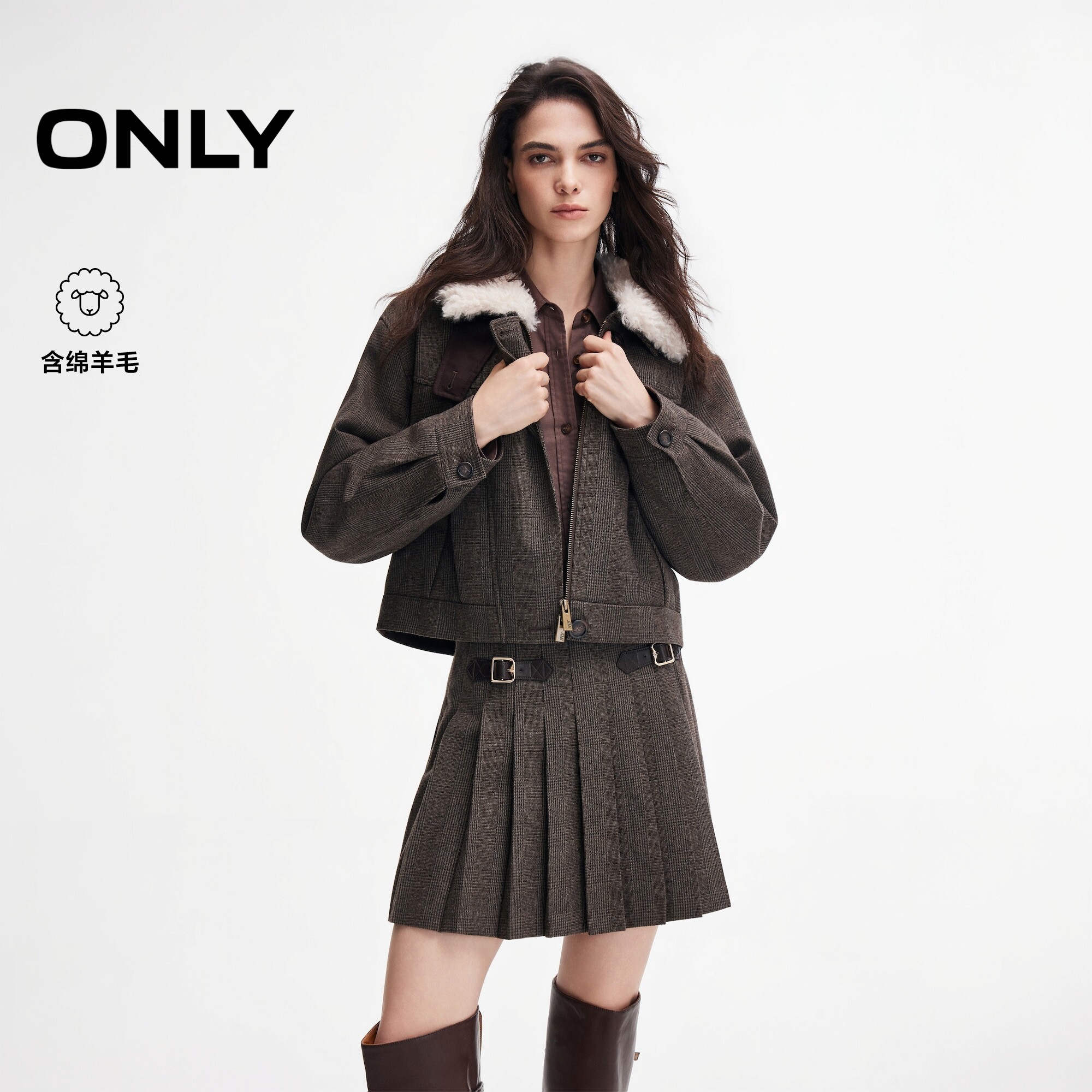 ONLY可拆卸毛领复古格纹棉服外套