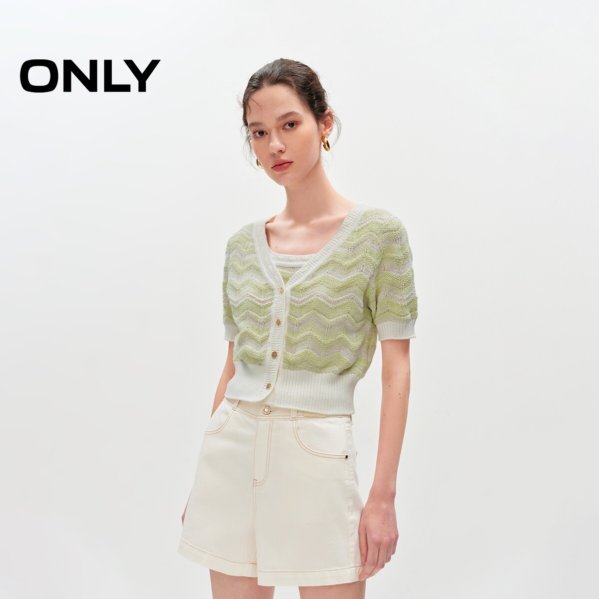 【ONLY奥莱清仓】春夏新款甜美条纹V领套装短款短袖针织衫女