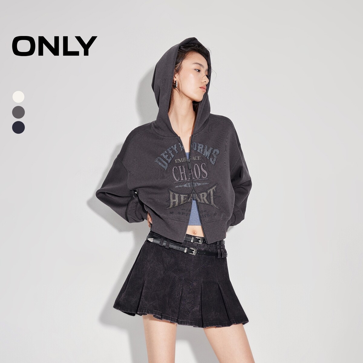 ONLY宽松印花开衫短款连帽卫衣