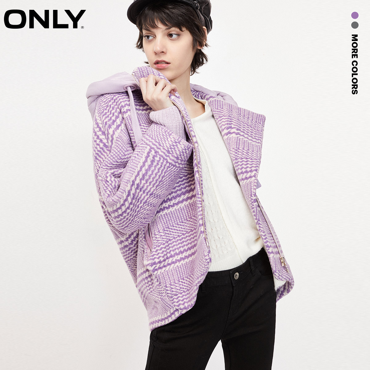 ONLY奥莱秋季新款连帽千鸟格短款毛呢外套女|11936T513