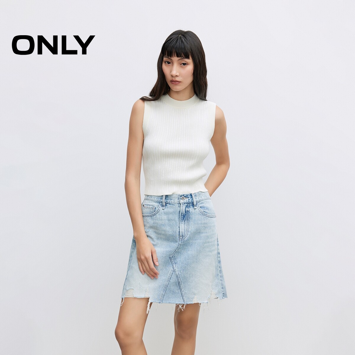 【ONLY奥莱】春夏个性做旧毛边设计显瘦显高A字短裙牛仔半身裙女