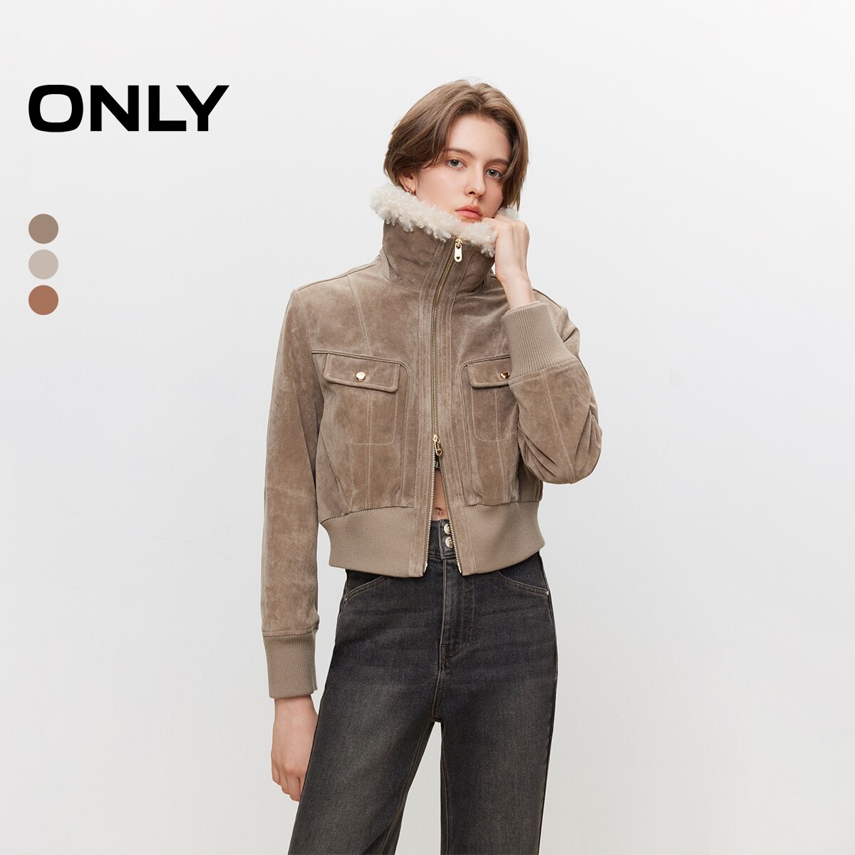 ONLY口袋显瘦毛领短款皮衣