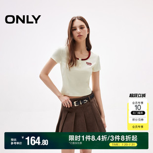 短袖 ONLY2025夏季 显瘦刺绣撞色圆领短款 新款 T恤女 学院风正肩修身