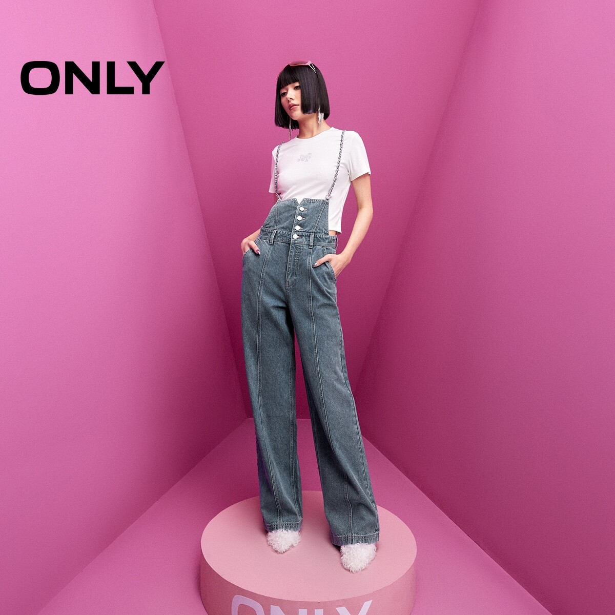 ONLY高腰老爹裤背带牛仔裤