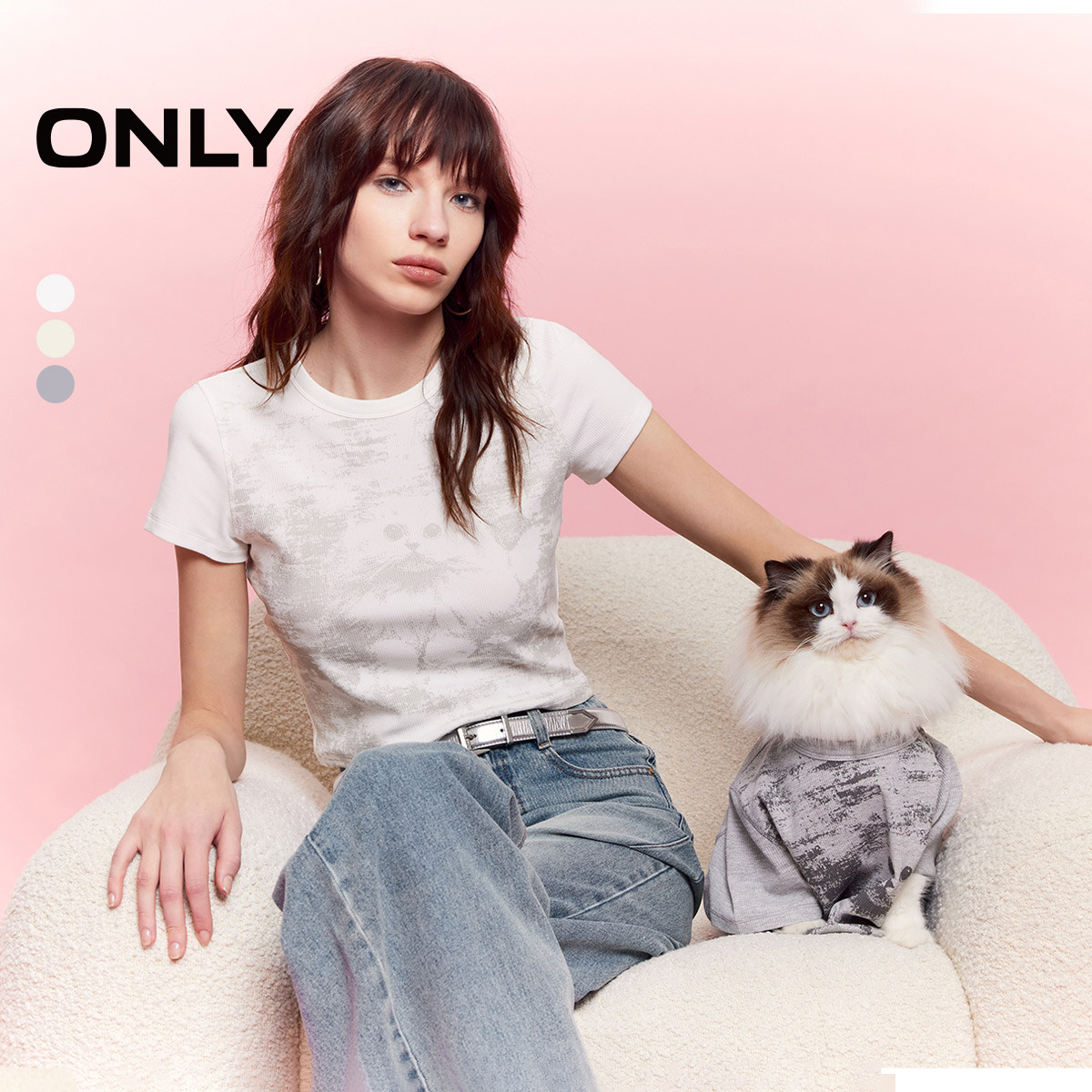 【ONLY奥莱】夏季新款时尚个性做旧满印修身正肩短袖T恤女