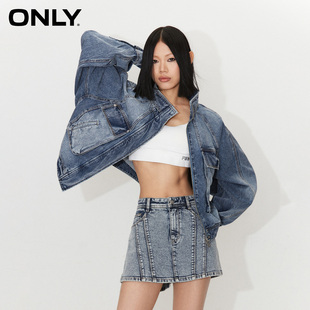 【ONLY奥莱】秋季时尚潮流蝙蝠袖立领宽松牛仔外套女