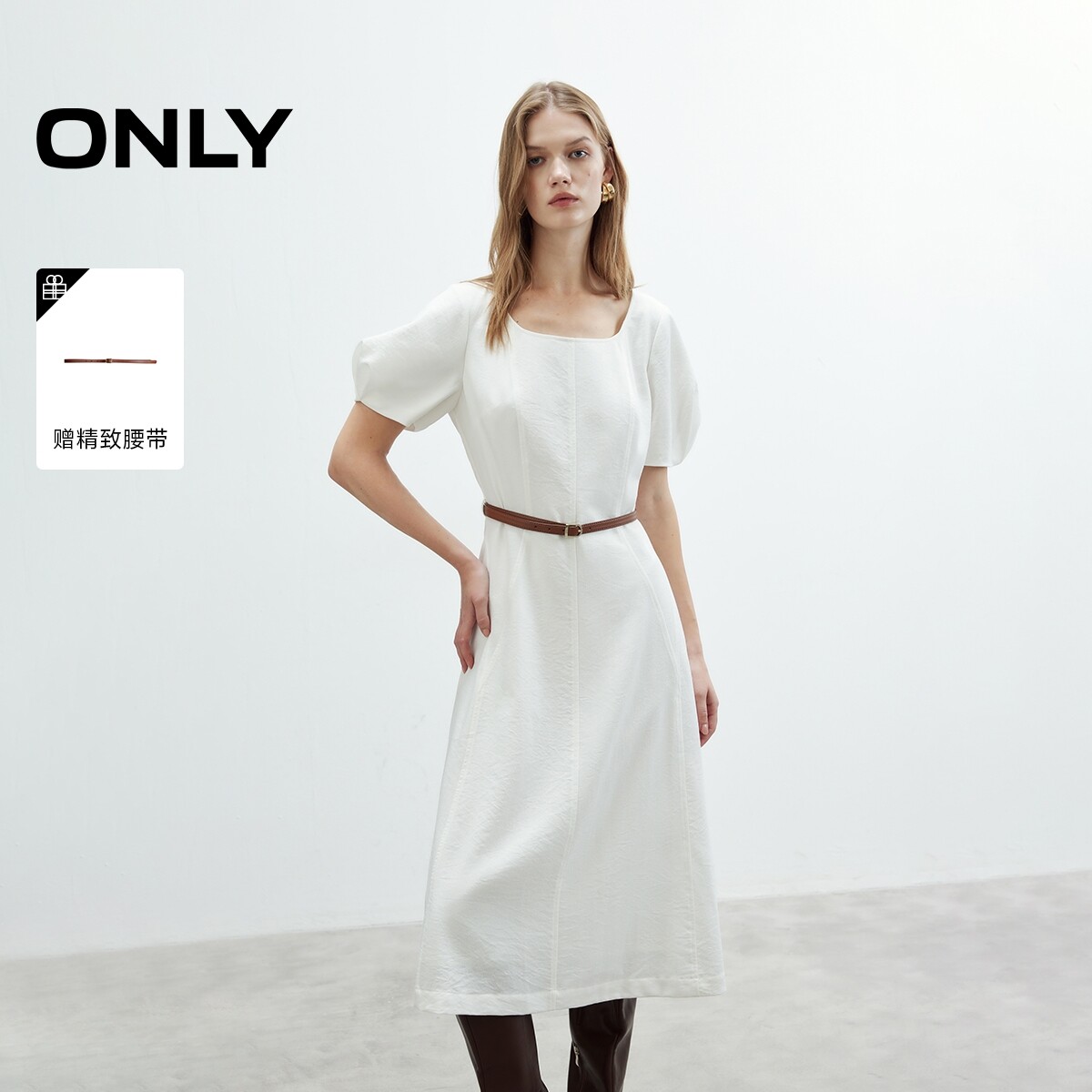 【ONLY奥莱】春夏立体花苞袖短袖腰带收腰中长裙小白裙连衣裙女
