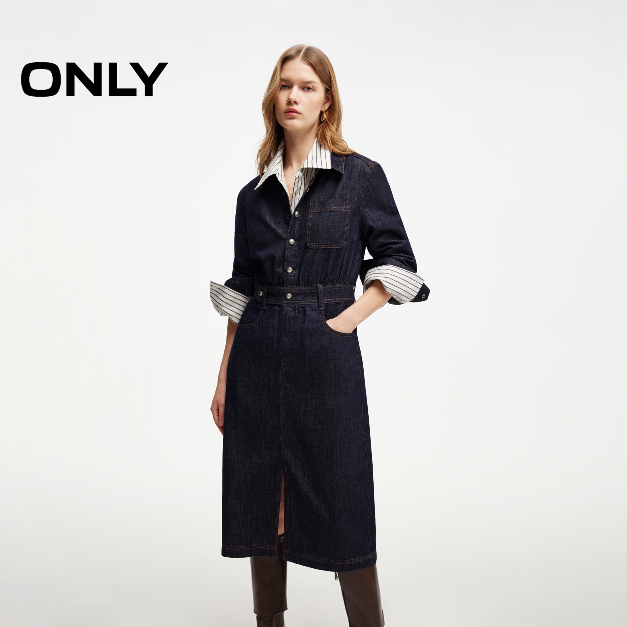ONLY收腰裙子长袖衬衫牛仔连衣裙