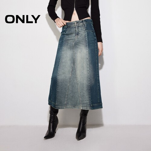 ONLY撞色开衩高腰A字牛仔半身裙