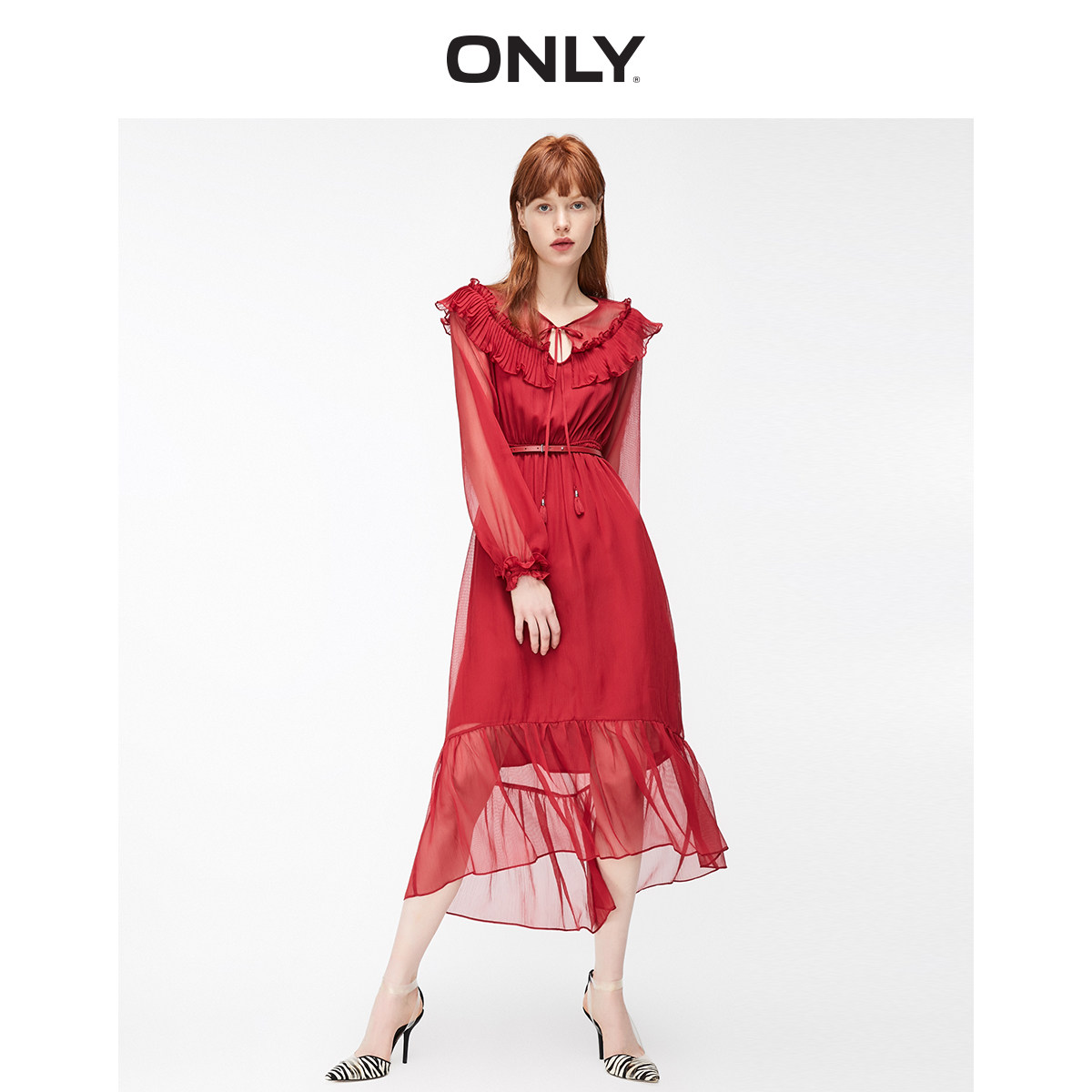 ONLY奥莱清仓秋季新款圆领中长款裙子百褶雪纺连衣裙女|119307518