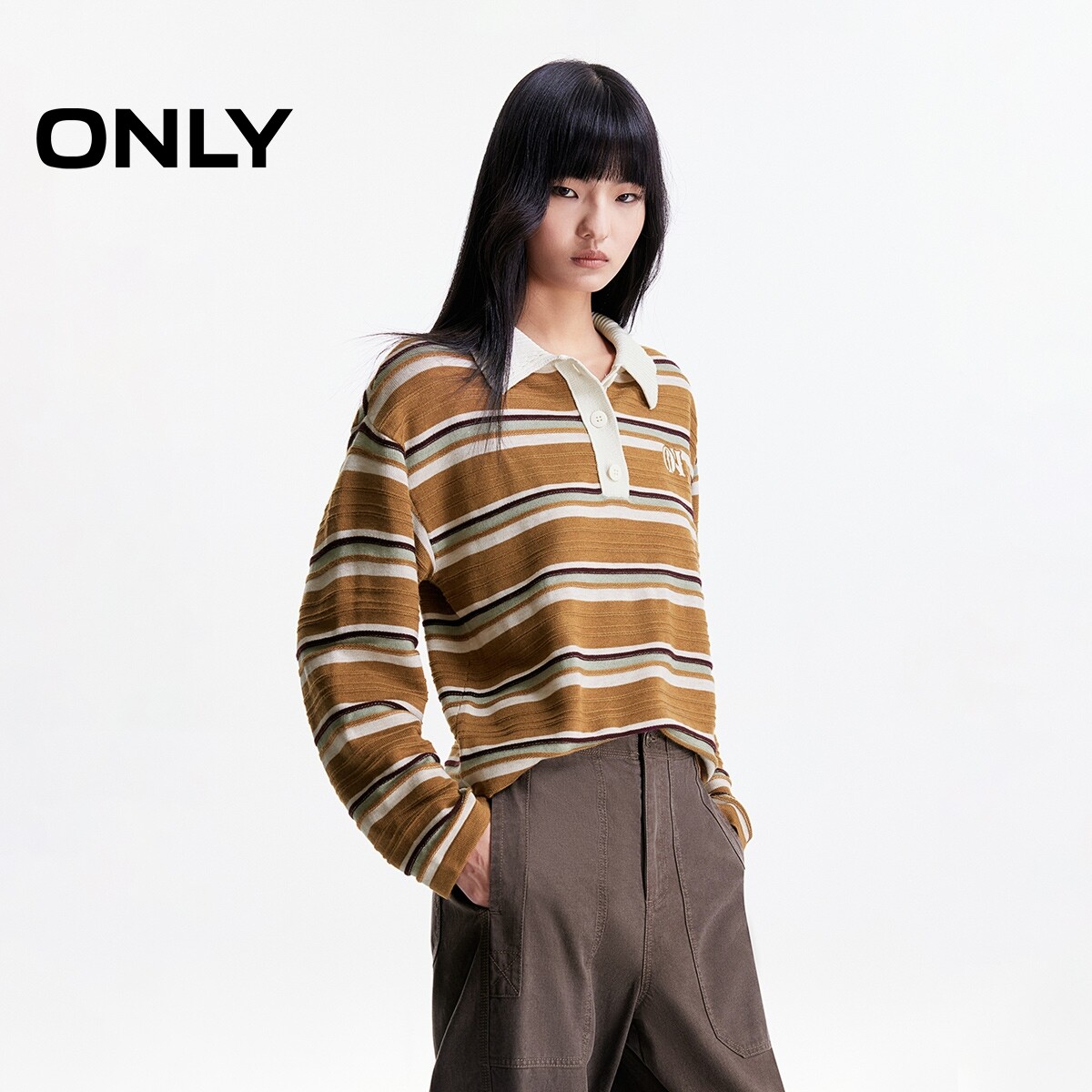 【ONLY奥莱】秋季学院风polo领落肩撞色肌理感条纹宽松针织衫女