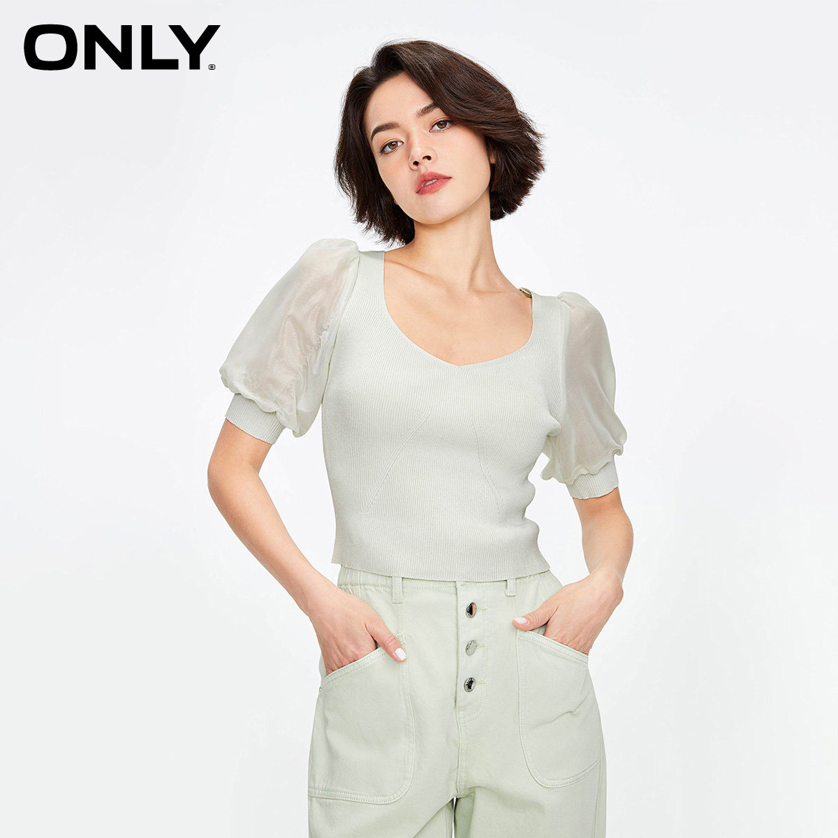 ONLY泡泡袖短袖短款针织衫图片