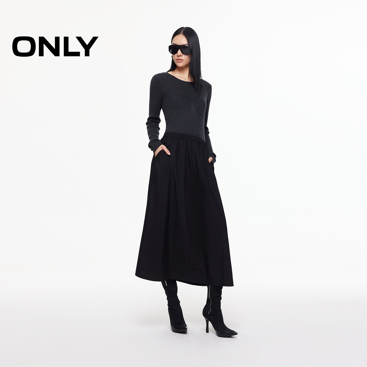 【ONLY奥莱】秋季优雅修身正肩显瘦圆领长袖伞裙假两件连衣裙女