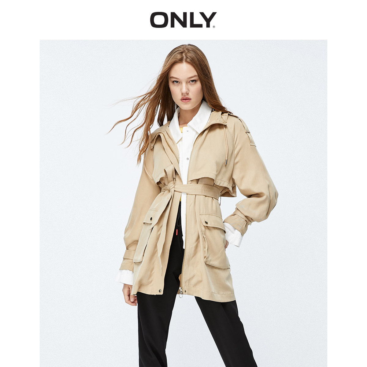 ONLY奥莱清仓秋季新款工装收腰连帽休闲薄款风衣外套女|119336566