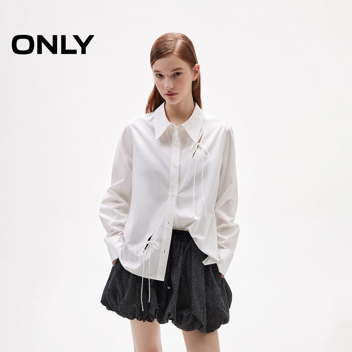 【ONLY奥莱】春款甜美系带蝴蝶结纯色正肩直筒显瘦翻领长袖衬衫女