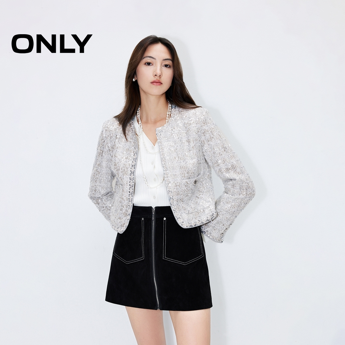 重工亮片镶钉 门襟隐形搭扣 短款利落箱型