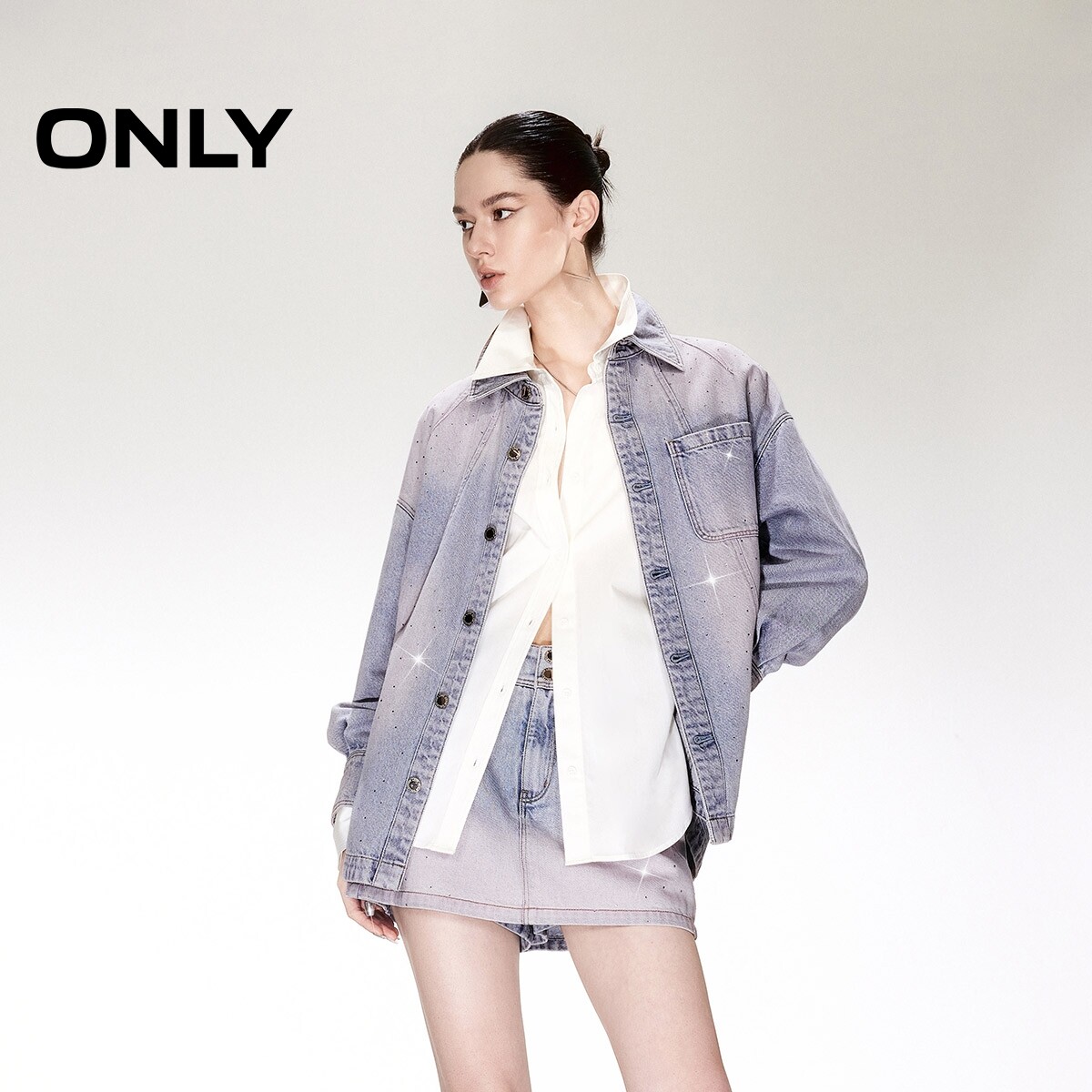 ONLY松弛感宽松闪钻装饰牛仔外套