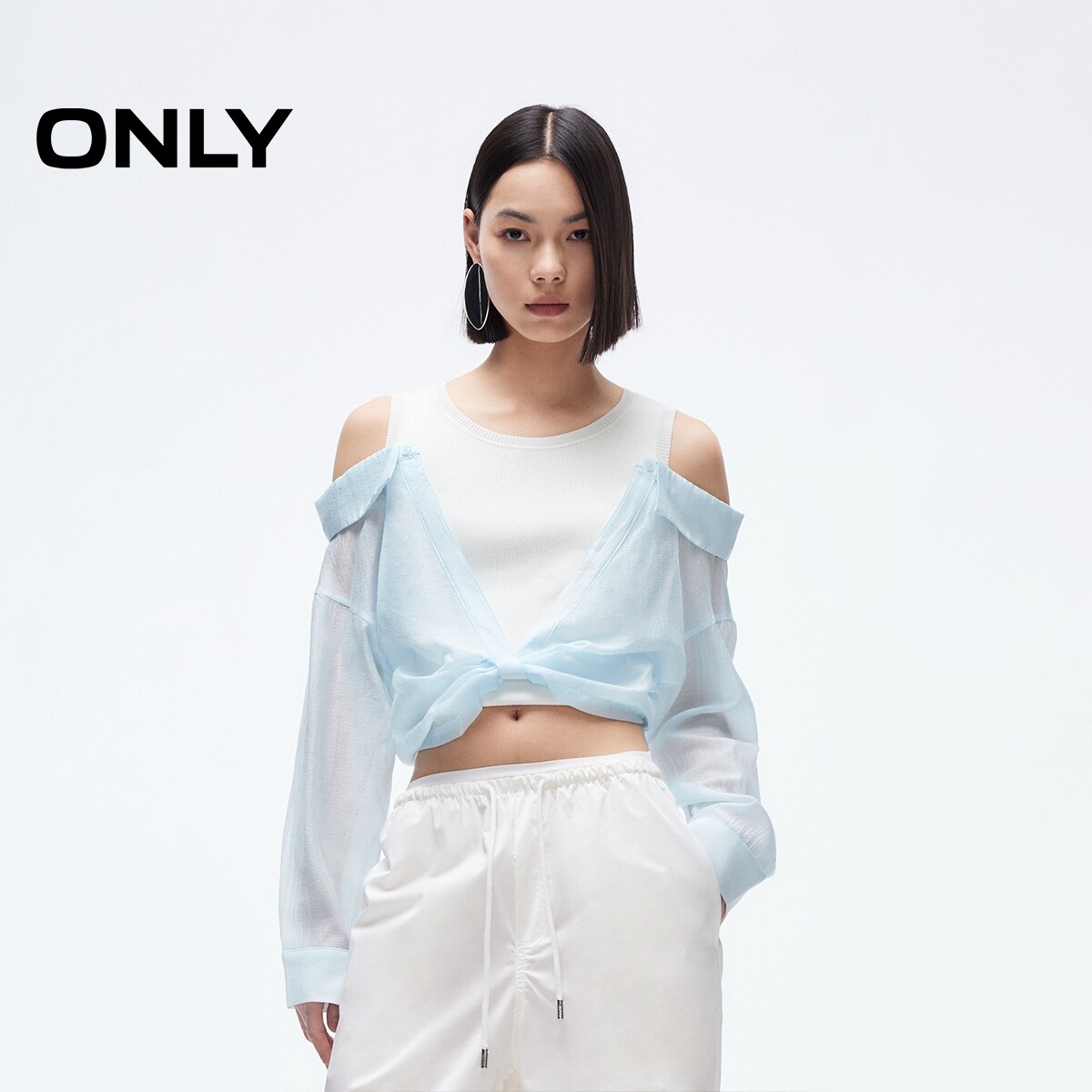 ONLY2026夏季新款长袖性感微透露肩设计时尚假两件修身针织衫女