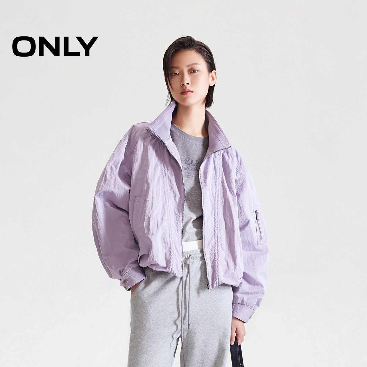 【ONLY奥莱】春夏新款领口针织拼接纯色立领宽松短款夹克外套女