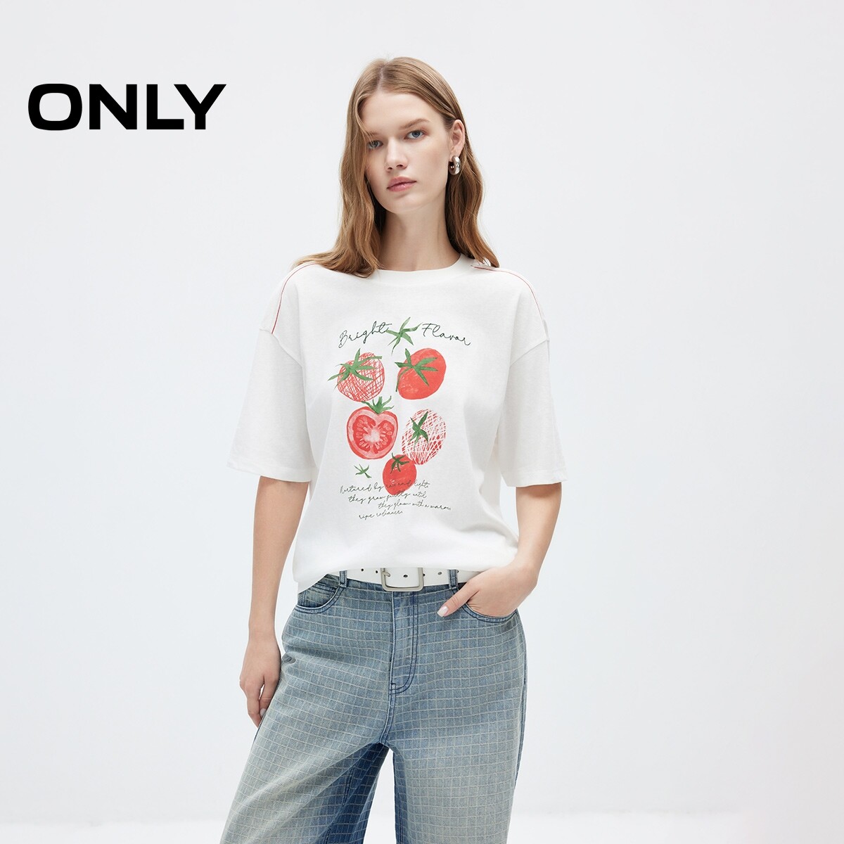 ONLY撞色肩线印花宽松短袖T恤女