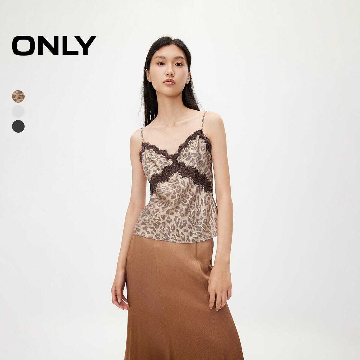 【ONLY奥莱】夏季新款时尚豹纹辣妹蕾丝吊带修身短款雪纺衫女